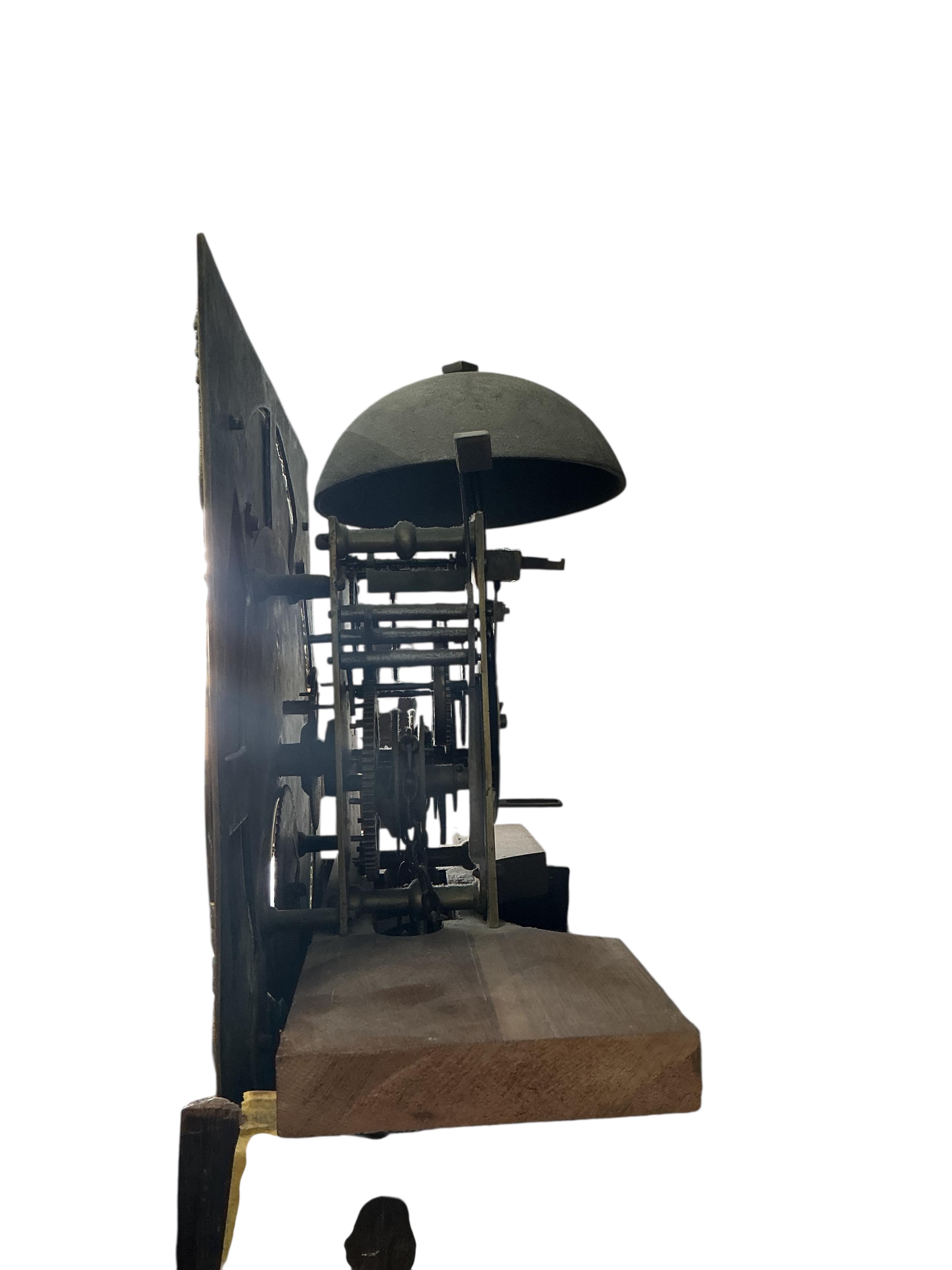 A late 18th century oak 30 hour brass dial longcase clock, by Joseph Marshall, Leicester, height 211cm